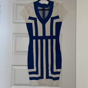 NWOT Eva Longoria Herve Leger style abstract midi blue and tan dress